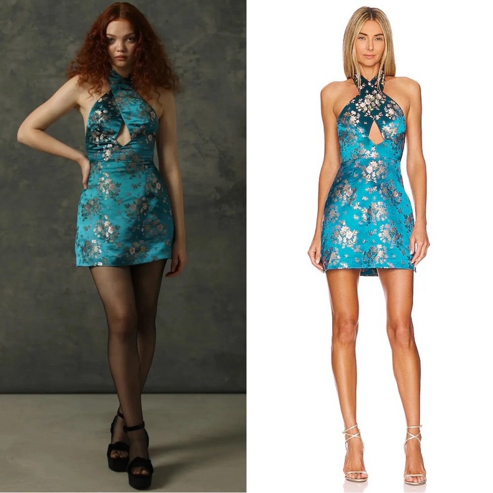 Sau Lee Jessica Halter Neck Keyhole Backless Mini Dress Size 6 Teal Blue